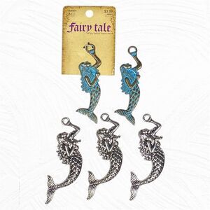 Lot Fairy Tale Mermaid Pendants Jewelry Craft Charm Blue Brass Silver Tone 3”